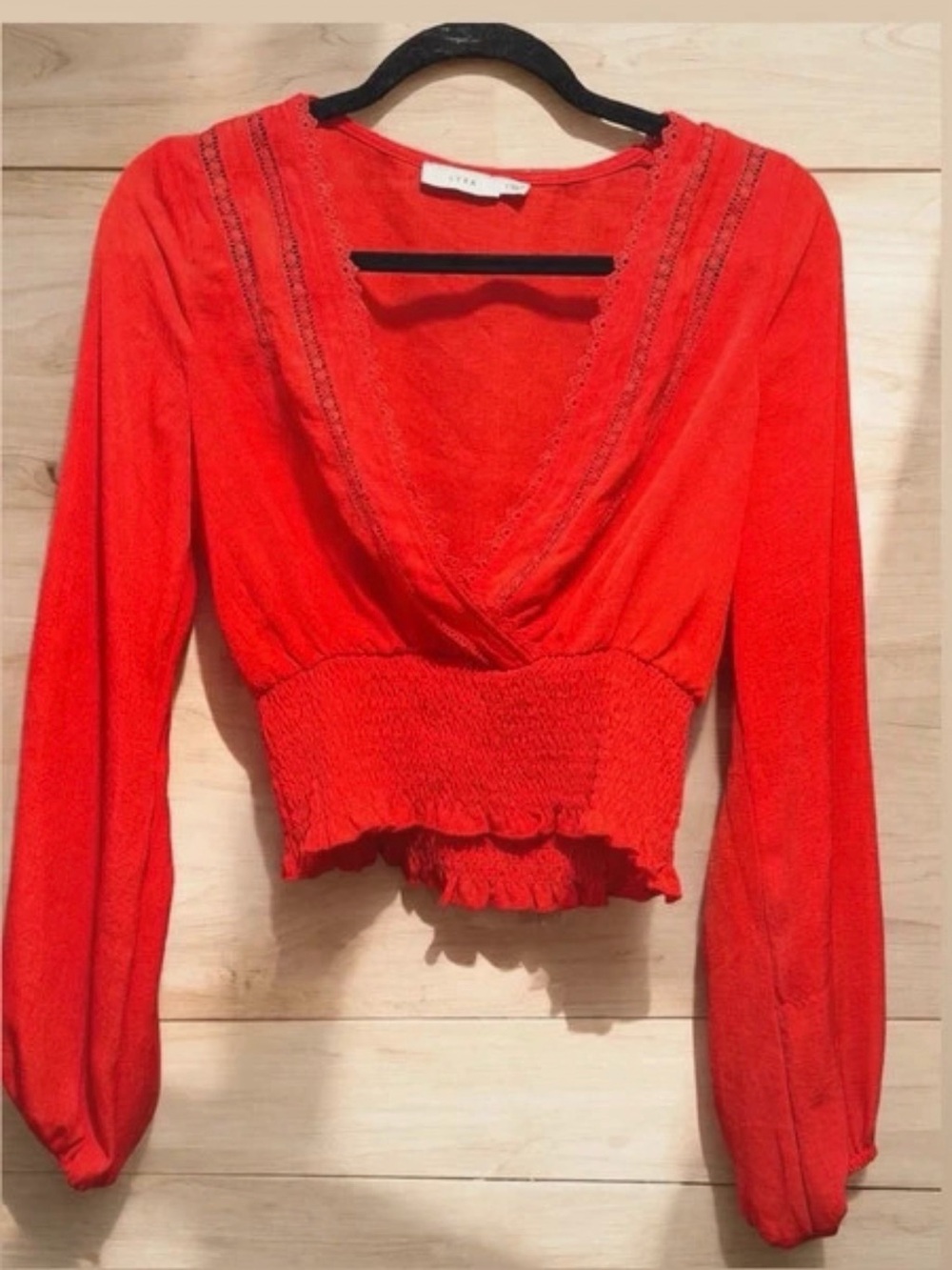 Lush Smocked V-Neck Long Sleeve Top